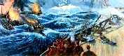 Contemporary painting by Matthew Brooks of John Bosco's dream, and is reprinted here with his permission of great sea battle between the Church and her enemies in a state of virtual reality